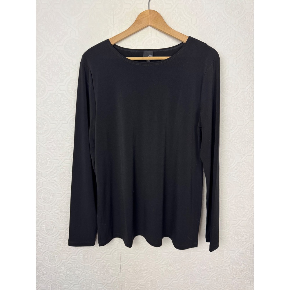 Lisa Bayne Jersey Knit Black Long Sleeve Crew Neck Top Large Made in USA